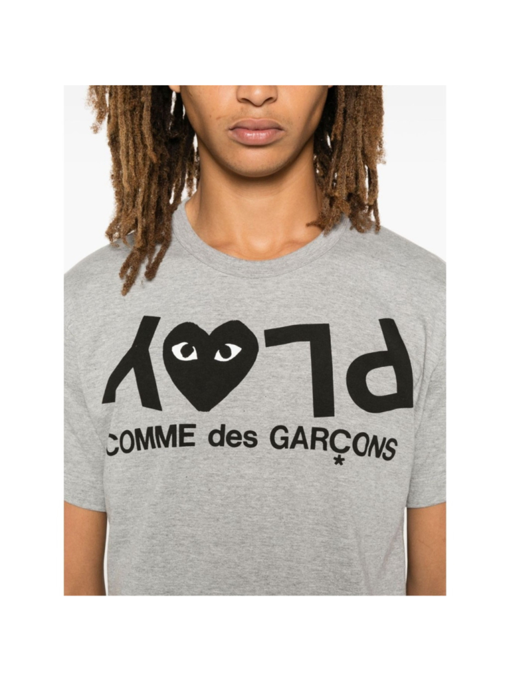 Comme des Garcons Grey Short Sleeve PLAY Logo T-Shirt with Black Heart Graphic